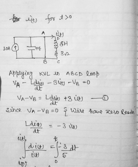 it for it to А ju SH LOA (1 lof 32 B C Applying KvL in A B C D loop VA - Lolit) - 34t) -Up =0 at VA-VB = Ldlit +3 ict) -O at