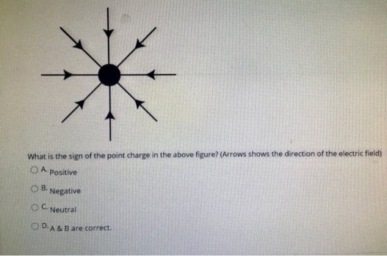 What is the sign of the point charge in the above figure? (Arrows shows the direction of the electric field) 0 A. Positive O B. Negative O C. Neutral 0 D. A & B are correct.