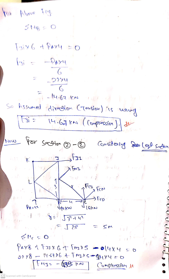 Abovo SNB=0 Esix 6 at Paxy = 0 Pasi PAYU 6 29yu G - 14.67 IN So Assumed direction (Tonsion) is wrong 14.67 kn (compression J.