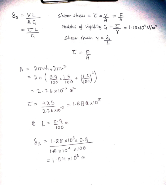 85 = VL • AG shear stress = ? = Modulus of rigidity 6 = Shear shain 4 = 8 = TL. Į = 1.10X10 N/m² t=8 A = 254h+27712 =20100 1