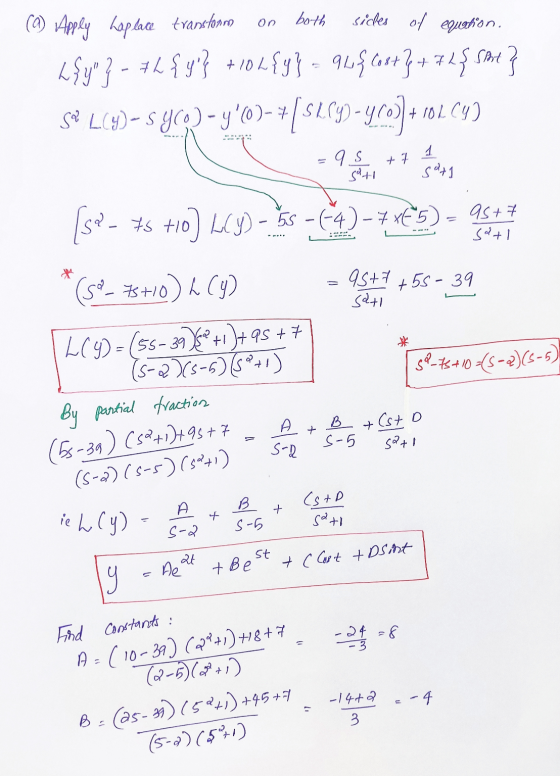 . On both sides of equation. (a) Apply haplace transton L{y } - #2 {y } + 102{y} - 9w{ costy + 728 Sht} Sa Lly)- syco) 10)-7