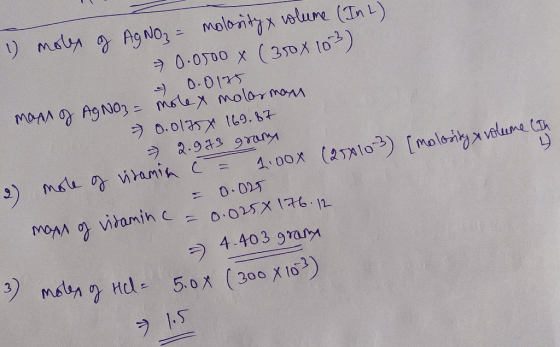 1) molex of AgNO₃ = molosityx volume (In L) 0.0000 X (350x 103). ) 0.0175 map of AgNO3 = molex molarman = 0.01754 169.87 I 2.