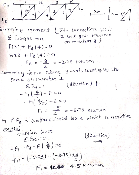 12 7 3 m. / 2 4m Fo somming moment I Join Connection 1, 1201 E Tosque =o . 2 wil give the force on member 8 ) F(B) + F8 (4)=0