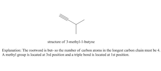 structure of 3-methyl-1-butyne Explanation: The rootword is but-so the number of carbon atoms in the longest carbon chain mus