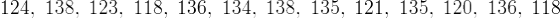 124, 138, 123, 118, 136, 134, 138. 135, 121. 135, 120. 136, 118