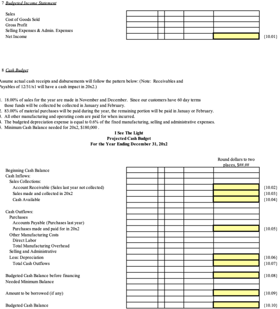 7 Budgeted Income Statement Sales Cost of Goods Sold Gross Profit Selling Expenses & Admin. Expenses Net Income {10.01) 8 Cas