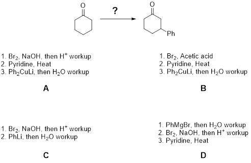 ? ? Ph 1. Br2, NaOH, then Ht workup 2. Pyridine, Heat 3. Ph Culi, then H20 workup 1. Brz, Acetic acid 2. Pyridine, Heat 3. Ph