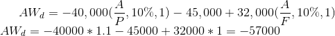 AW_{d}=-40,000(\frac{A}{P},10\%,1)-45,000+32,000(\frac{A}{F},10\%,1)\\ AW_{d}=-40000*1.1-45000+32000*1=-57000