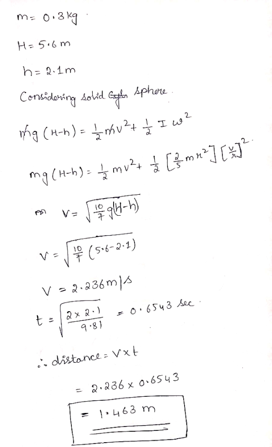 m- 0.3K9 H- 5.6 m h=2.1m Considaring Aoid Aphare mg(H-h)mv m (56-2-1 V = V 2.236ms O 6543 Aec 9.8 distance Vxt 2.236 x o 6543
