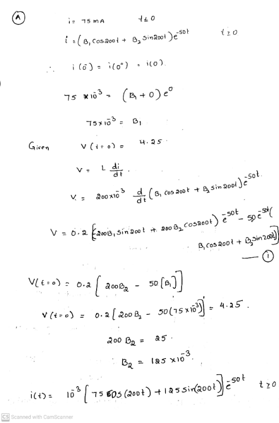 A - 15 mA 720 -50+ 420 1 :( B, Cos2001 + B, sin2oot De 50 ico) ilo)icot) 75 x10, (+0) 75x103 - Bi 4.25 Given v (0) VE L di di