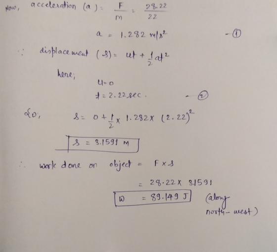 Now, acceleration (a) F. m 28. 22 22 : a = 1.282 mpg² displacement (S) = ut & fat² here; u=0 += 2. 22 sec. - ☺ Loi s=o+tx 1.2