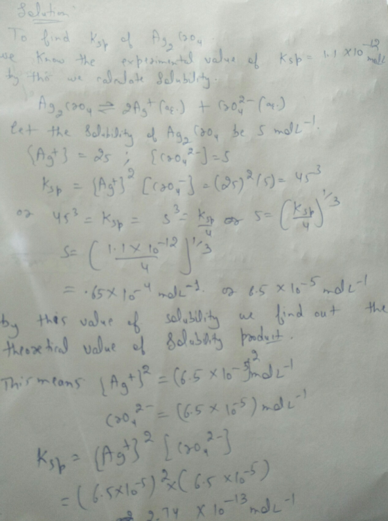 Ilution To find ksp of Ag, (204 we know the experimental value of ksp = 1.1 x 10 ml by this we calrulote salubility. I Ag coo
