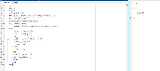 >>p 1.5156 fx >> IIIIIIIIIIIIIIIIIIIIIII junk. mx + clc clear close g=9.81; Q=20; f=@ (v) 1-((Q^2* (3+y))/(g* (3*y+y^2/2)^3))