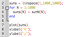 2 3 sums = linspace(1, 1000, 1000); for N = 1:1000 SUMS(N) = SUMN(N); end L 5 6 7 8 9 plot(sums) xlabel(); ylabel();