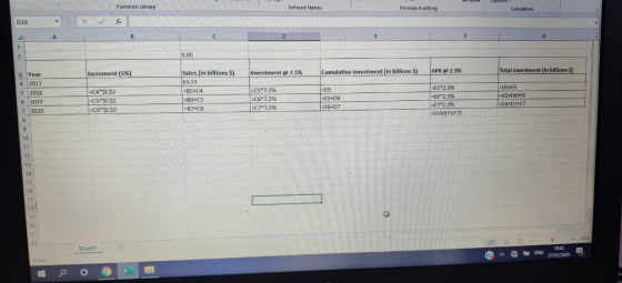 Function Library Defined Names Formula Auditing Calculation D18 0.05 Increment (5%) Investment @ 7.5% Cumulative investment (