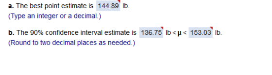 a. The best point estimate is 144.89 lb. (Type an integer or a decimal.) b. The 90% confidence interval estimate is 136.75 lb
