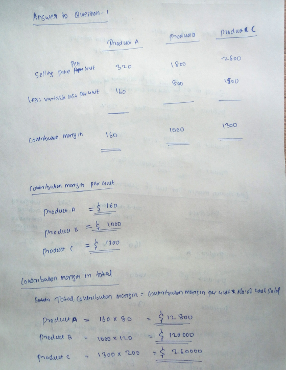 Answer to Queston-1 Produto produta C ( Product A 2800 Per 320 18oo selling price ferunt 800 500 160 less: variable cost per