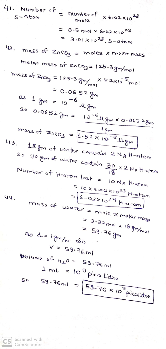 40. Number of a number of x 6.02x10 23 W S-atom mole = 0,5 mol x 6002 x 1023 = 3.0141023.S-atom 42. mass of Znco2 = moles x m