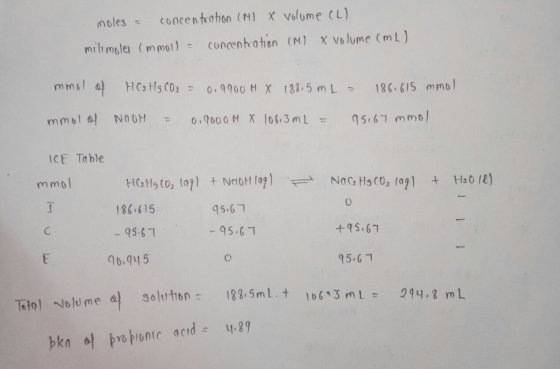 moles - concen foration (M) X volume (L) milimolen (mmull a concentration (M) X volume (ML) mmol of HC2 H g CO₂ = 0.9900 MX 1