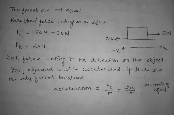 SON Two forces are not equal Resultant force acting on an object FR = 50N - BON BON - FR 2 200 -x2 zon, force acting in tx di