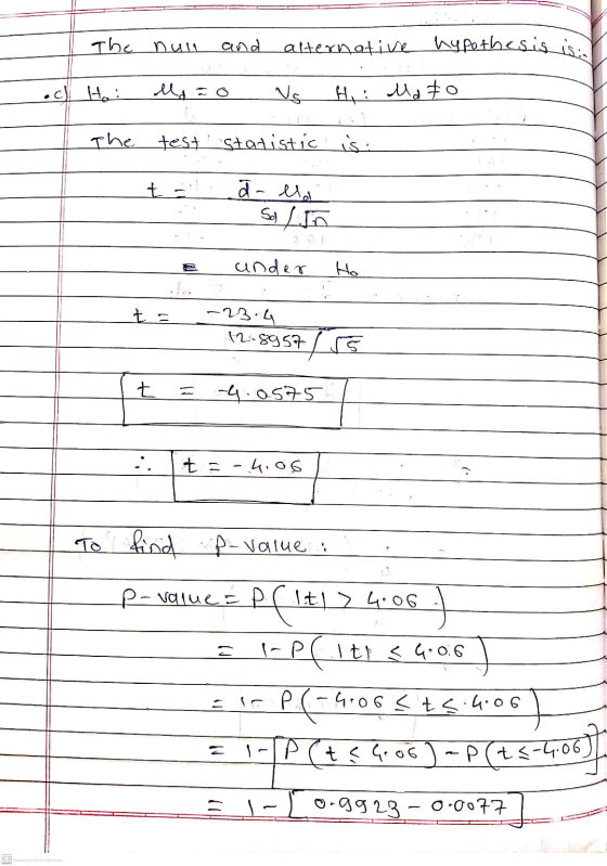 The null and alternative hypothesis is .ch Hoi la=o Vs. H: Mato The test statistic is. ta alla Salin under Ho ta - 23.4 171.8