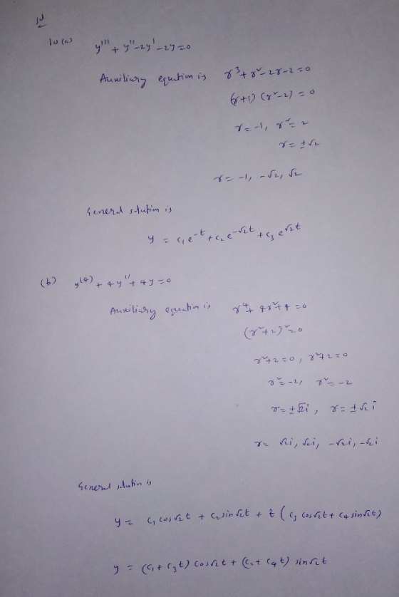 y+ y-2y-29=0 Auniliry equitim is fto%27-2=0 =-1, -Sz, Sz Generd sAubion is seit yL4)+44+ 4y =0 (6) Aunilisy eguahin is 42=