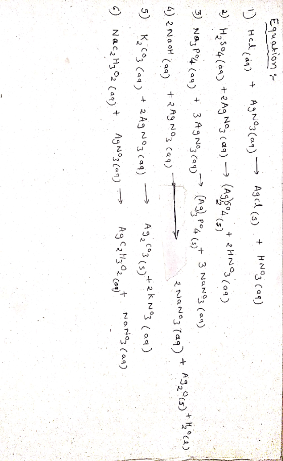 Equation & 1) Hal(aq) + AgNO3(aq) → Agrl(s) + HNO3(aq) - a) H2504 (aq) + 2Ag Noz (aq) → (Agg 24 (8+ 2HNO3(99) 3 NO₂ Po4 (aq)
