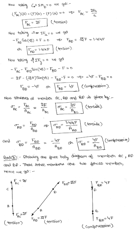 au Ac F tension) Ipno= (tension) oh 1-414 F Nolo sbedes member Ac, AD ond 80 d given by PcA Ac AD A) 80 50 Hence cw A L AD AC ension AD tenston)