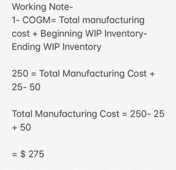 Working Note- 1- COGM= Total manufacturing cost + Beginning WIP Inventory- Ending WIP Inventory 250 = Total Manufacturing Cos