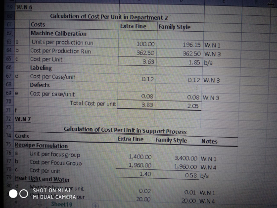 60 59 W.N 6 Calculation of Cost Per Unit in Department 2 Costs Extra Fine Family Style Machine Caliberation 63 la Units 5 per