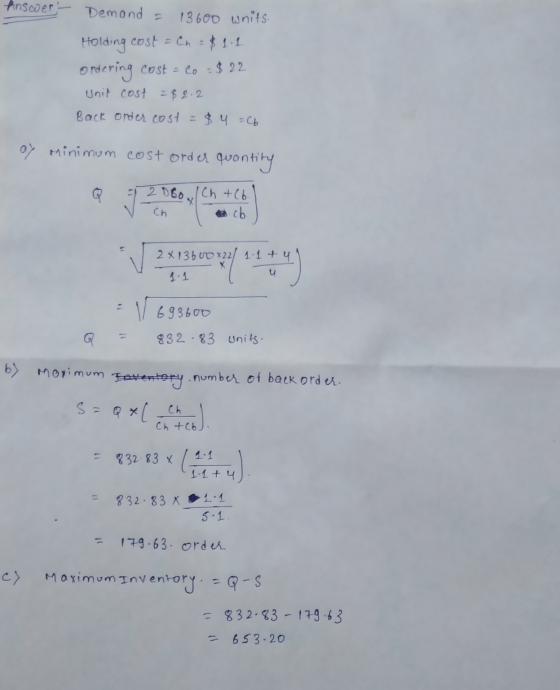 Answer - Demand = 13600 whits Holding cost = (n = $ 1.1. ordering cost - co $ 22 unit cost $2.2 Back order cost = 3 $ 4 =C6 a