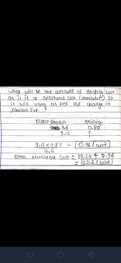 what will be the aimoune of Shipiny cos+ as it is a it will vay cas peo the change sabowr Fxp. oveohead cost (Vauieble so in