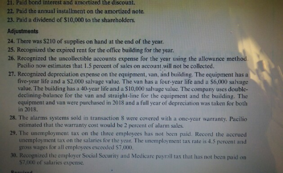 21. Paid bond interest and amortized the discount. 22. Paid the annual installment on the amortized note. 23. Paid a dividend