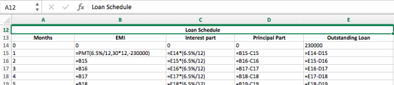 f x Loan Schedule в EMI A12 x ИА 12 13 Months 14 0 15 1 16 2 17 3 18 4 19 5 =PMT(6.5%/12,30*12,-230000) =B15 =B16 =B17 =R18 L