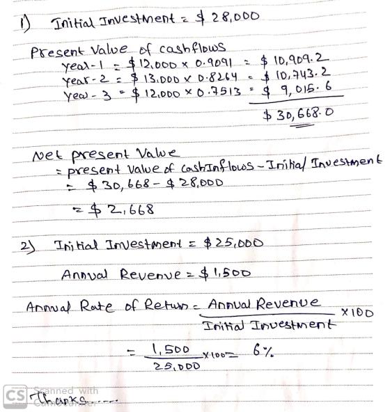 0 Initial Investment a$ 28,000 Present Value of cash flows yeal. $12.000 X 0.9091 $ 10,909,2 year-2 = $ 13.000 x 0.8264 & 10,