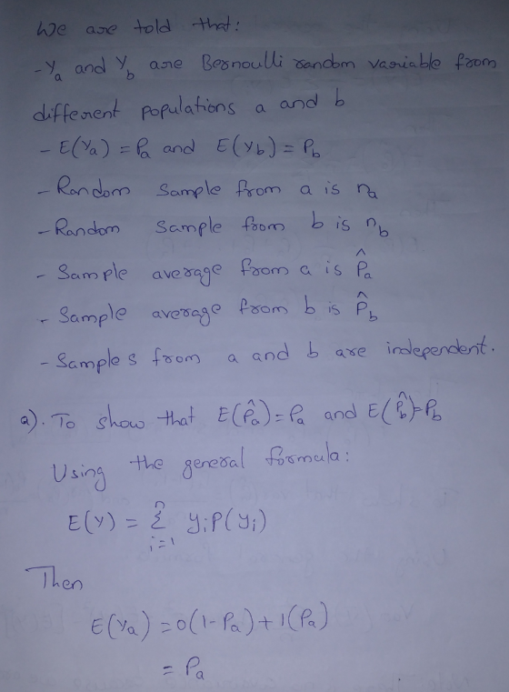 -ya and yb але Besnoulli banam vasuable fam diffenent populations a and b don Sample Prm a is na adm Somple from b is n Sam ple ave om cis Sample avesge Poom b is Sample sfsa andb ase inslegendent iS n a. Using the E()2P(s) Then