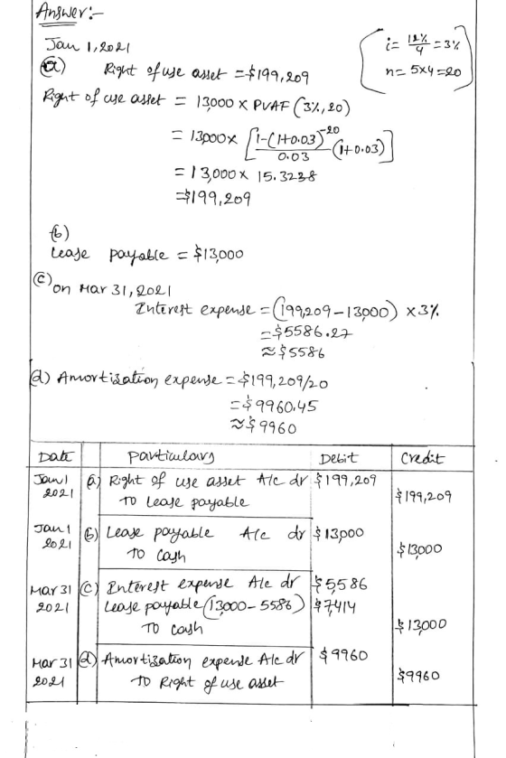 | Answer: Jan 1,2021 iz let 3% a) Right of use asset =$199,209 I na 5x4=20 Right of use asset = 13000 x PVAF (3%,20) = 13000x