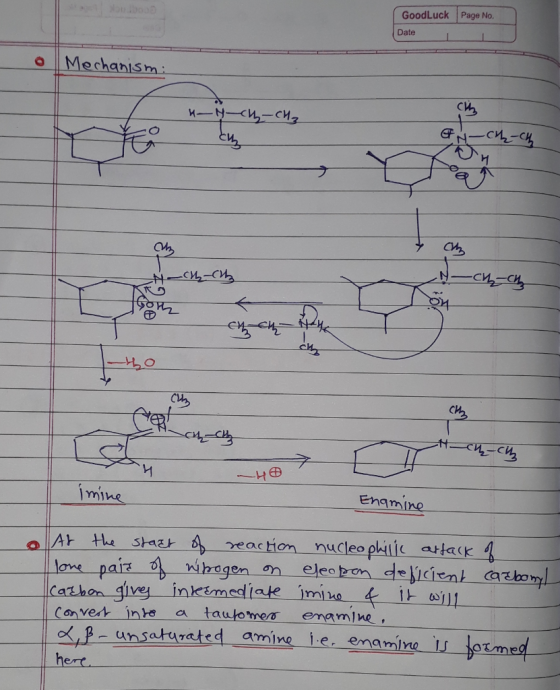 Page No. Goodluck Date Mechanism: n-ycy - CH₂ Nch-ch H 2- 4 + 4 -40 imine Enamine At the start of reaction nucleophilic attac