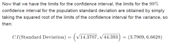 Now that we have the limits for the confidence interval, the limits for the 99% confidence interval for the population standa