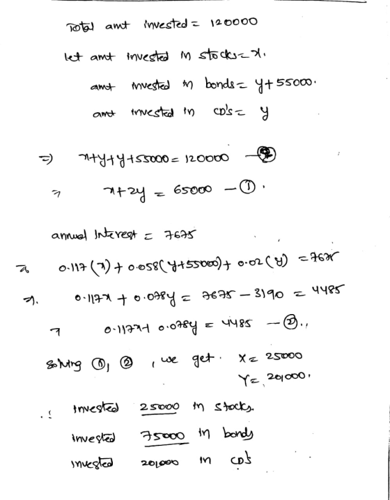 Total amt invested = 120000 let amt invested in stocks=d. amet invested in bonds = yt 55000 invested in amt CDs = y = ) n+ y