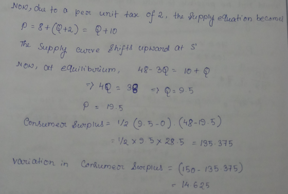 Now, due to a per unit tax of a the supply equation becomes P = 8+ (Q+2) = Q + 10 The supply curve shifts upward at S NOW, O