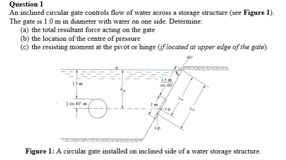 Question 1 An inclined circular gate controls flow of water across a storage structure (see Figure 1). The gate is 1.0 m in diameter with water on one side. Determine (a) the total resultant force acting on the gate (b) the location of the centre of pressure (c) the resisting moment at the pivot or hinge (if located at upper edge of the gate) 60° 1.5 m sin 60 1.5 m Vep sin 60 m C.g уср c.p Figure 1: A circular gate installed on inclined side of a water storage structure