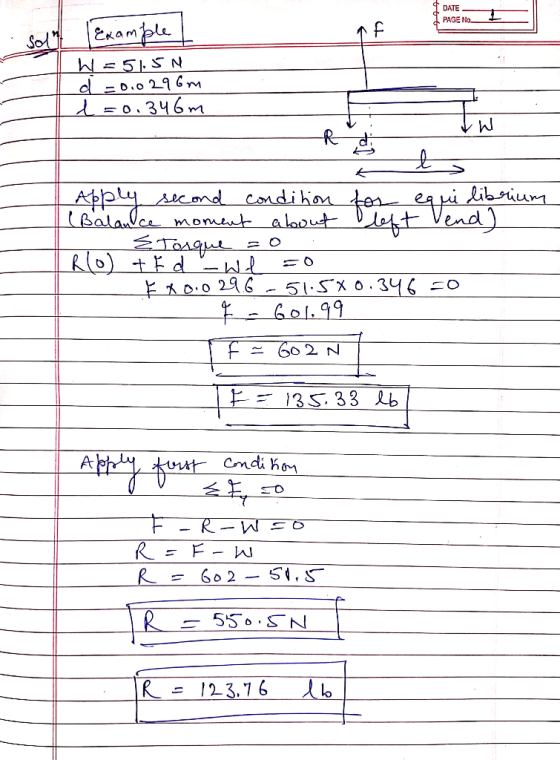 DATE PAGE No Sol Example W=51SN d = 0.0296m 1=0.346m W Apply second condition for equilibrium (Balance moment about lef -Vend