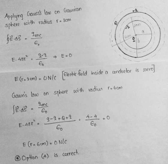 Applying Gausss law on Gaurian sphere with radius r = 3cm 130 E. d3 - Tene 6cmo EO E. 40°. 9-9 E=0 to F (r= 3 cm) = ONIC (El