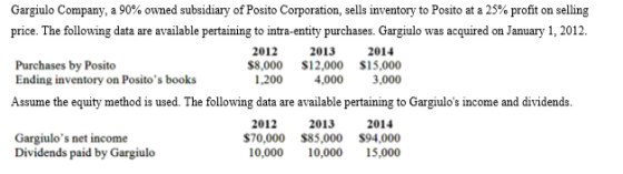 Gargiulo Company, a 90% owned subsidiary of Posito Corporation, sells inventory to Posito at a 25% profit on selling price. T