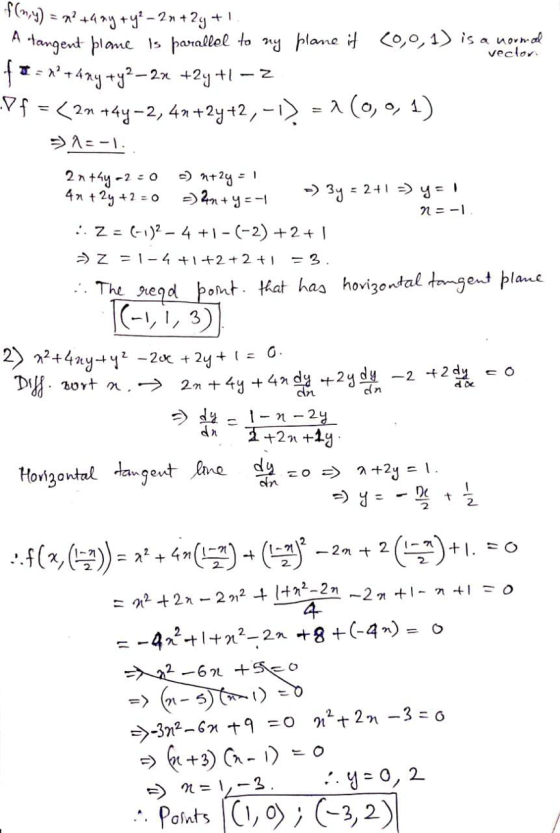 vecton f(y) = x2 +993 +4e-2n+2y+! A tangent plane is parallel to ny plane it (0,0,1) is a normal ft:1+42y + y2-2x +2y +1 - Z