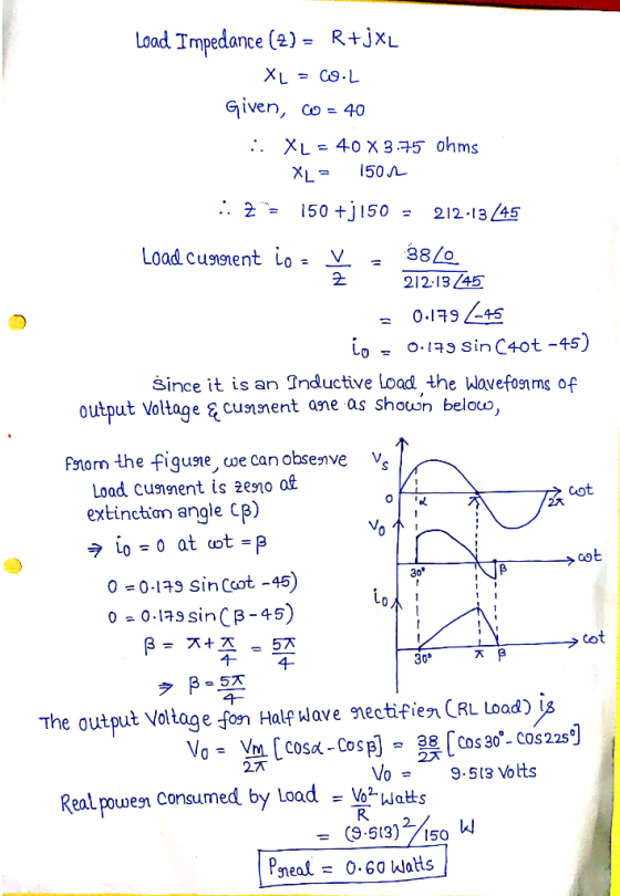 Load Impedance (2) = R+jxL XL = Co.L Given, wo = 40 :. XL - 40 X 3.75 ohms XL = 150.12 :: 7 = 150 +j150 - 212-13 45 Load Cung
