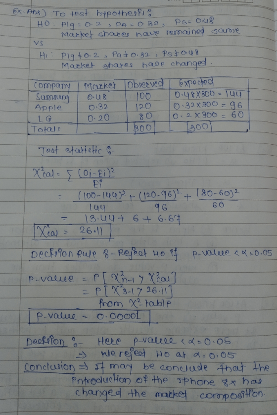 ex-Ans) To test hypothesion HO: Plq=0.2 PA=0.32, Ps= 0.48 market shares have remained same VS Hi Plq+0.2 , Pato.32, Pst 0.48