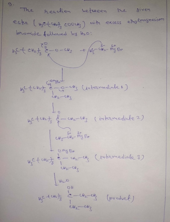The the given reaction between ester Luzette coouz) with excess bromide followed by H₂O: ethyl magnesium H₂Ct CH2 73 e-o-chz