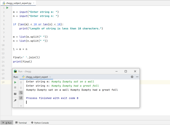 HomeworkLib_subject_expert.py X 1 2 m = input(Enter string m: ) n = input(Enter string n: ) 3 4 5 if (len(m) < 10 or len(n) < 1